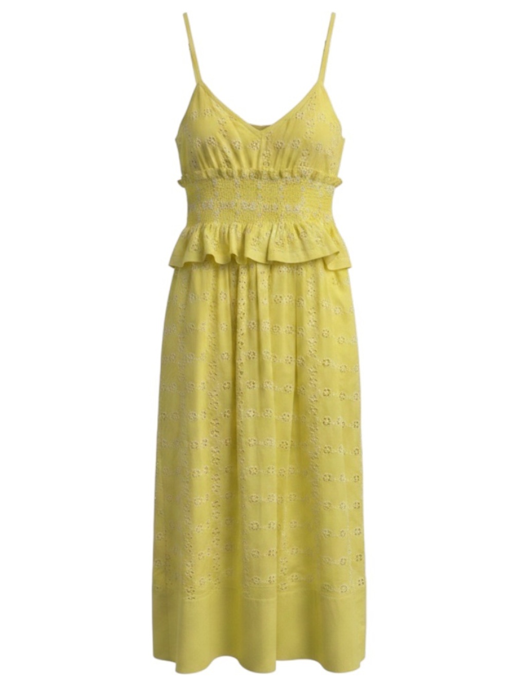 CINQ A SEPT YELLOW DAYGLOW / WHITE DEBIE SLEEVELESS EYELET MIDI DRESS